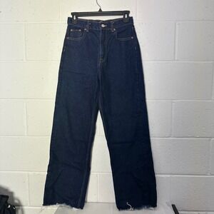 Zara Womens High Rise Wide Leg Dark Wash Denim Jeans Raw Hem Indigo Size 4